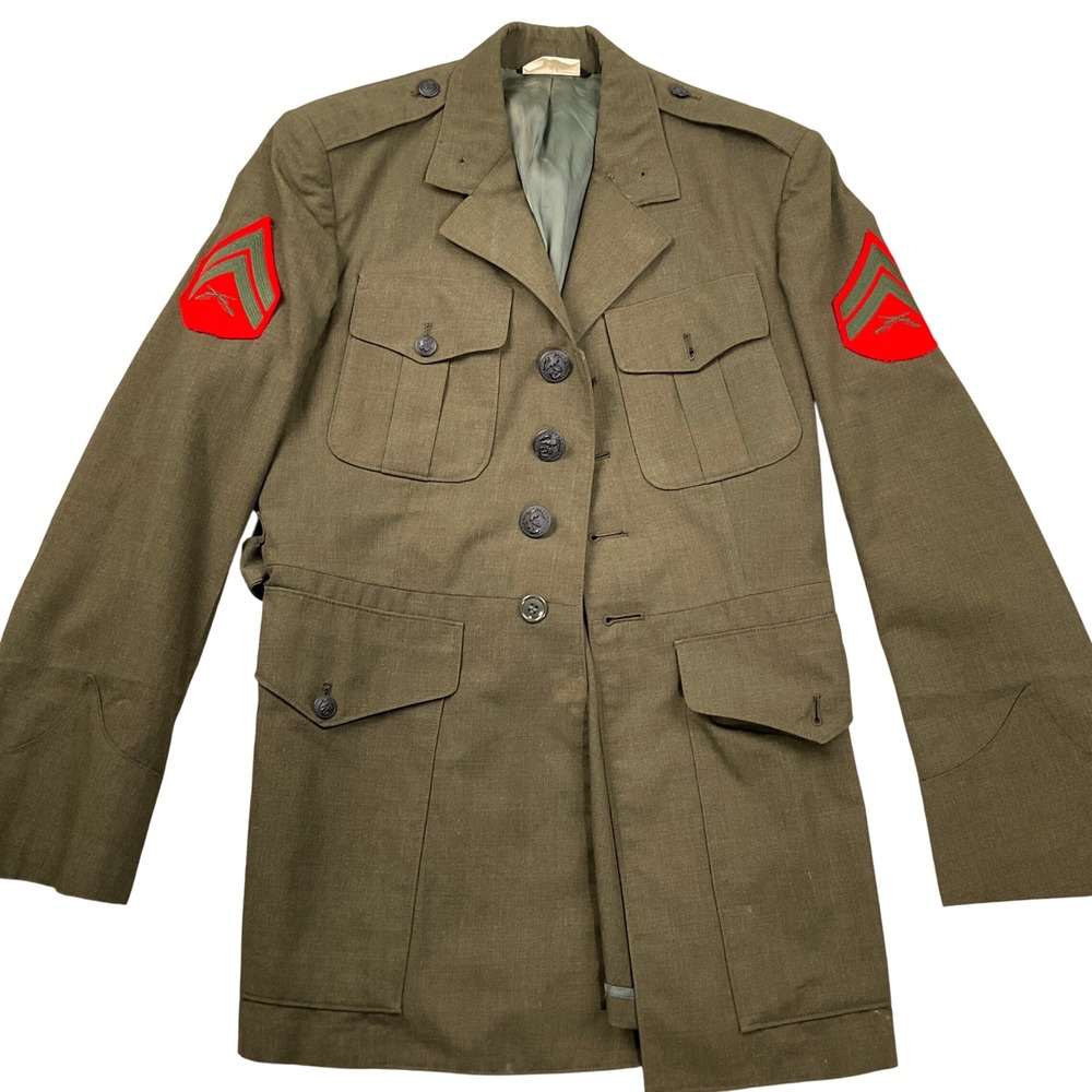 US Military Marine Corps Uniform Jacket Mens 37R Olive Green Tropical Belt Wool